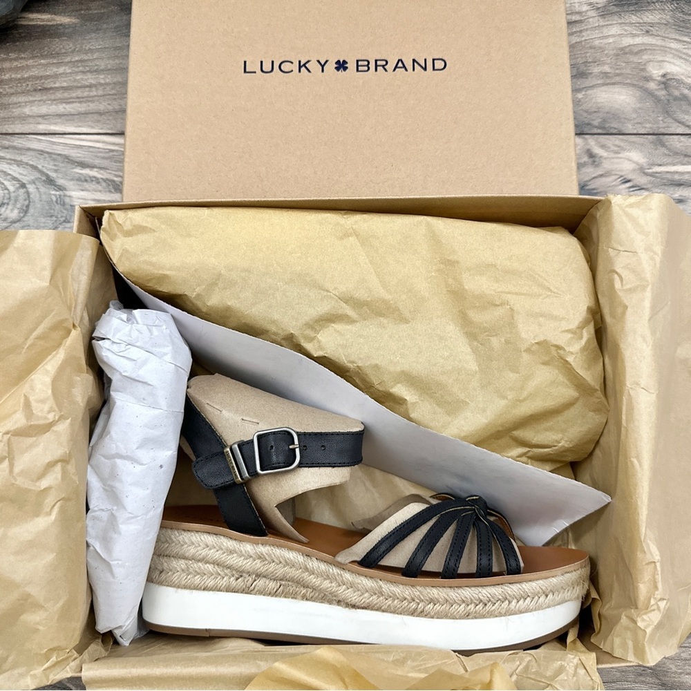 NIB Lucky Brand Juniffer Platform Wedge Sandal Black Dress Winter Haze 9M - Picture 11 of 12